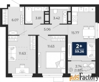 2 - комн.  квартира, 57.39 м², 19/22 эт.