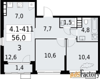 3 - комн.  квартира, 56 м², 27/30 эт.