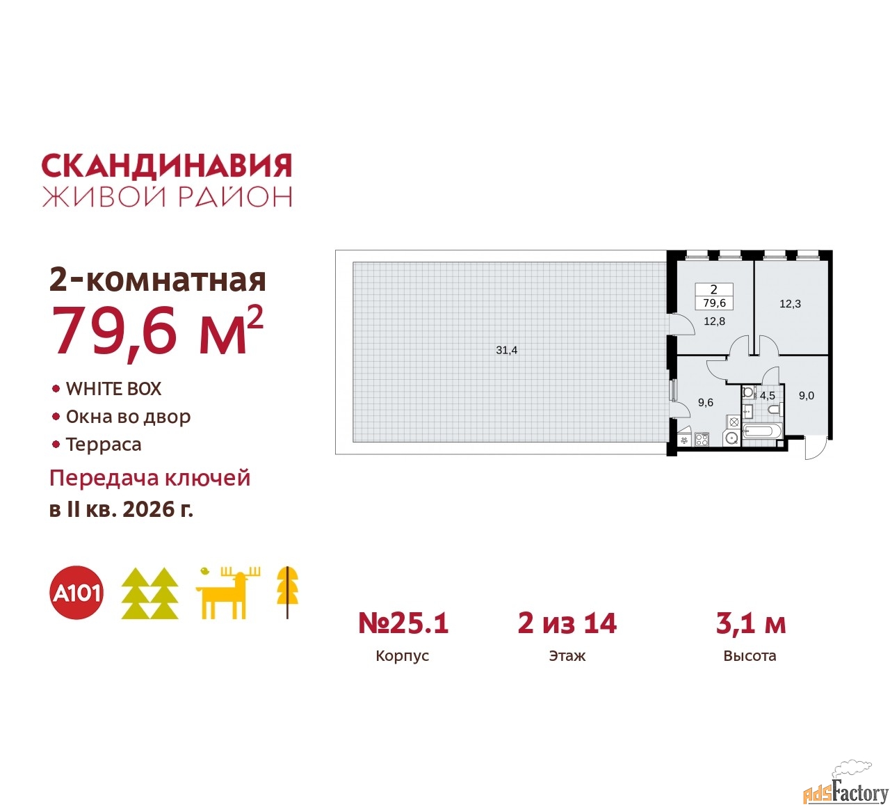2 - комн. квартира, 79.6 м², 2/14 эт.