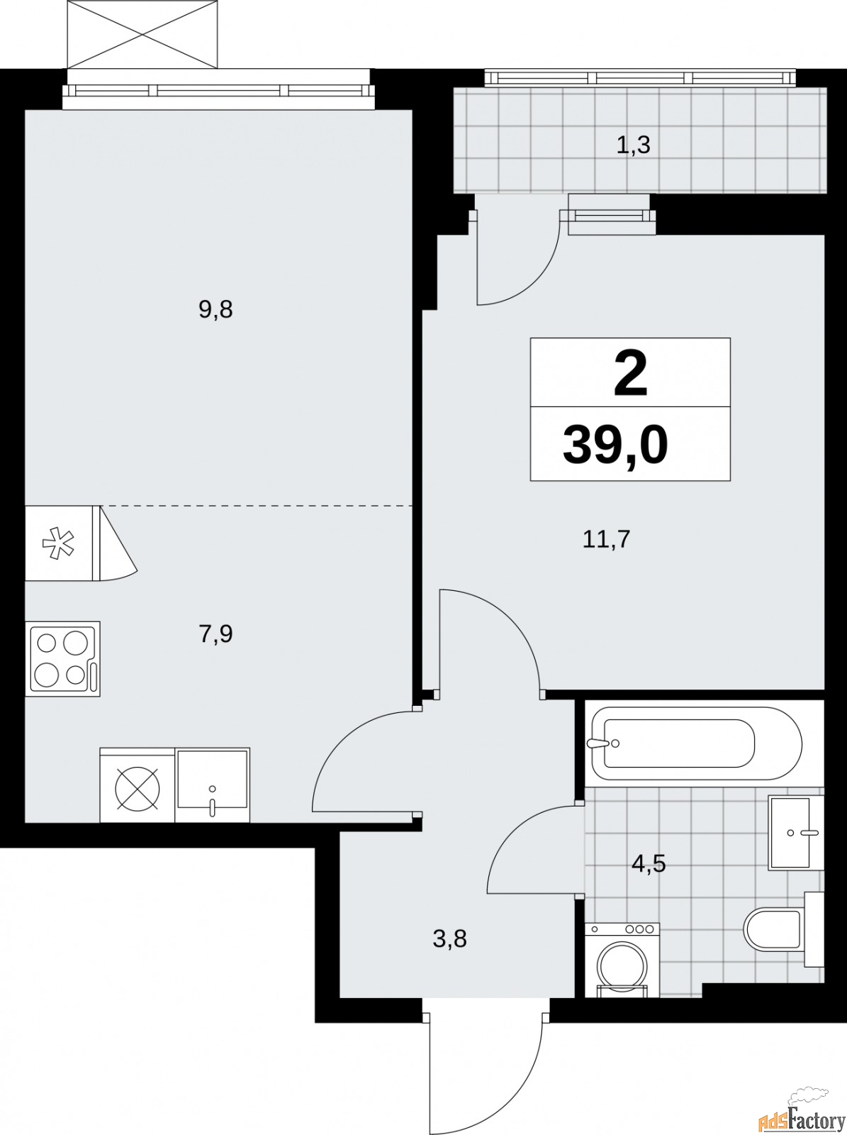 2 - комн. квартира, 39 м², 2/13 эт.
