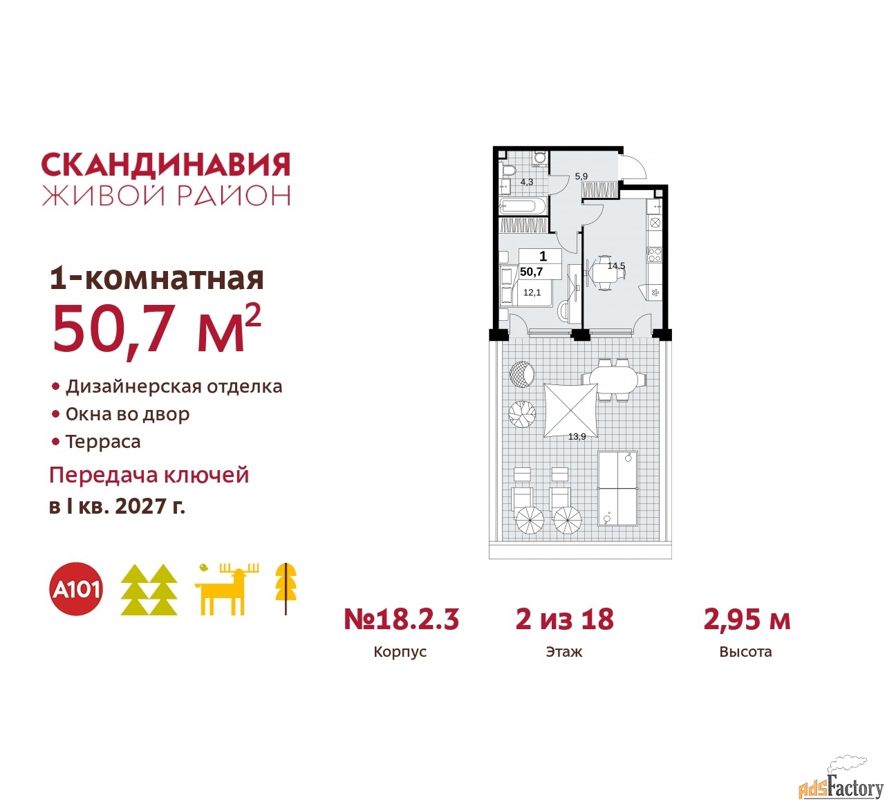 1 - комн. квартира, 50.7 м², 2/18 эт.