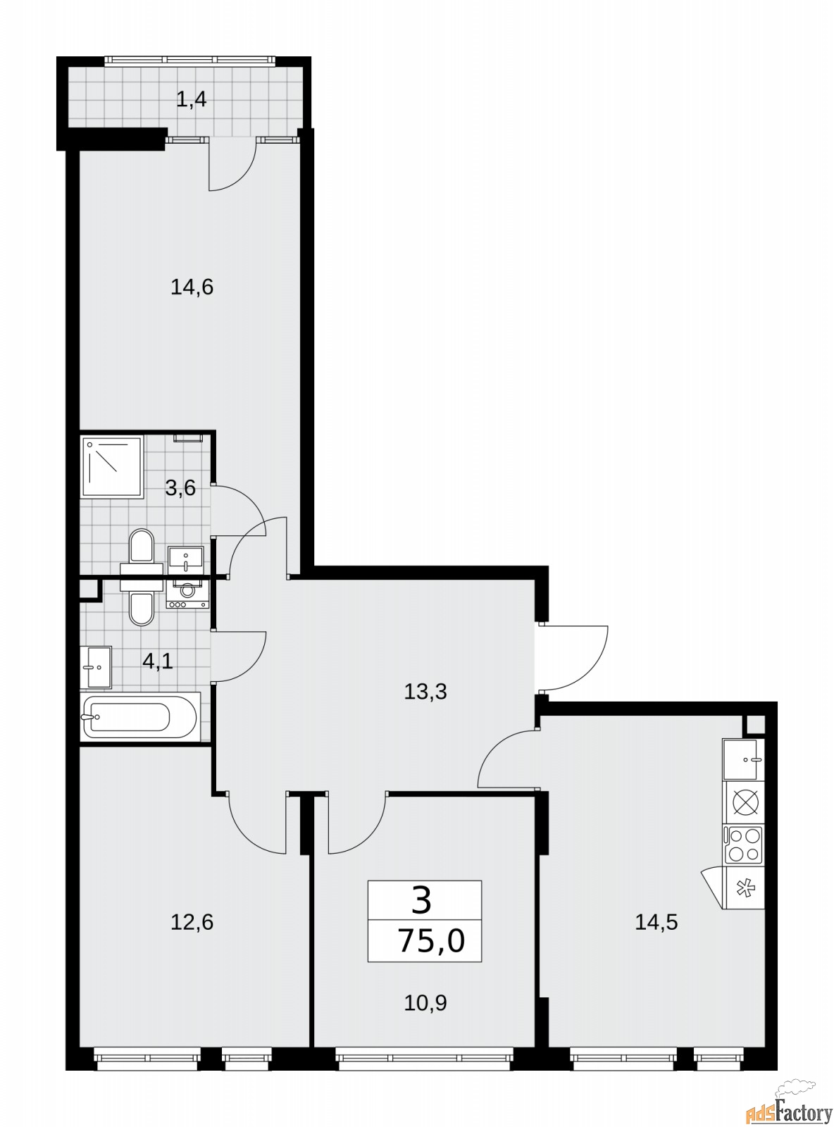 3 - комн. квартира, 75 м², 2/12 эт.