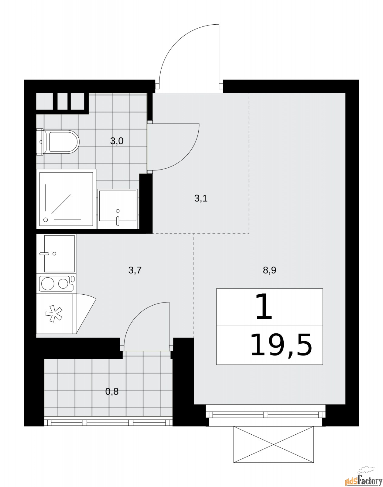 1 - комн. квартира, 19.5 м², 4/15 эт.