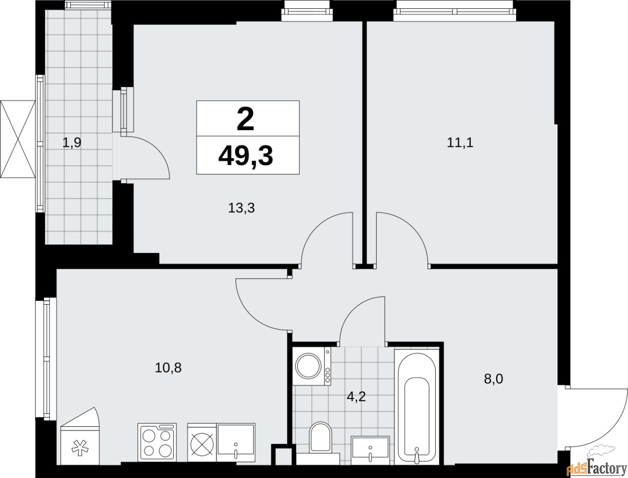 2 - комн. квартира, 49.3 м², 2/19 эт.