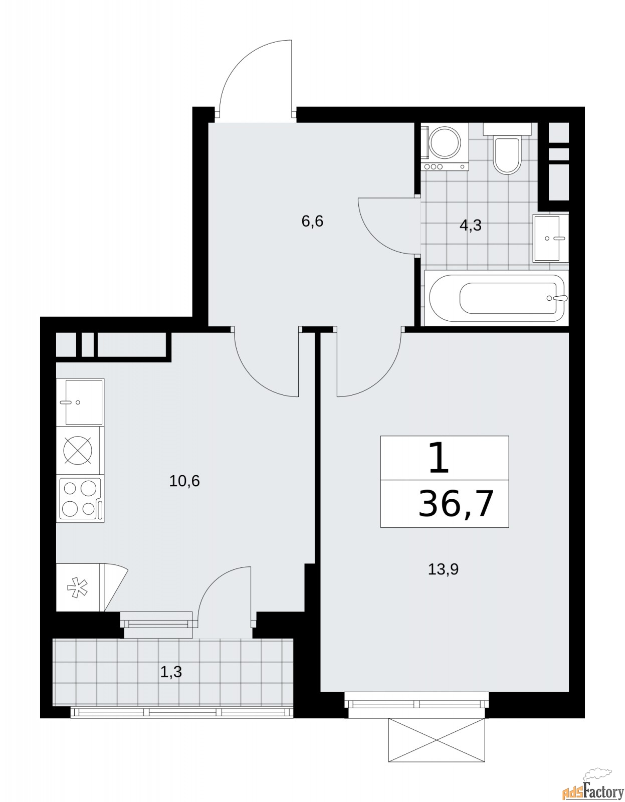 1 - комн. квартира, 36.7 м², 13/16 эт.