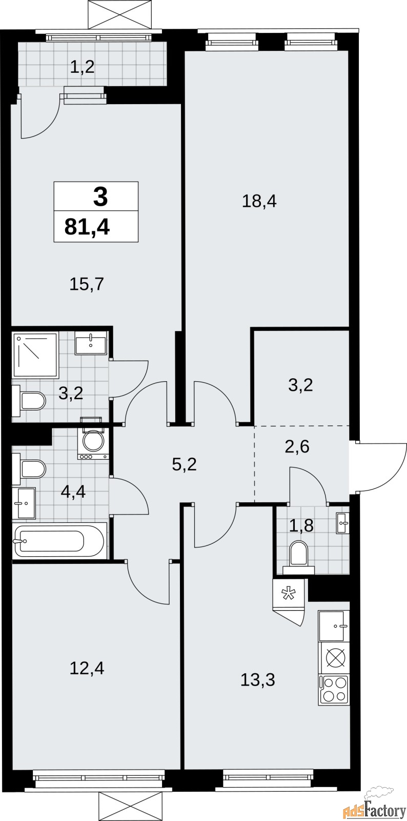 3 - комн. квартира, 81.4 м², 5/14 эт.