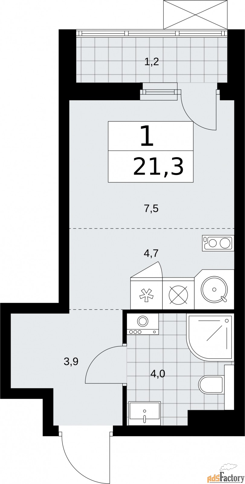 1 - комн. квартира, 21.3 м², 2/17 эт.