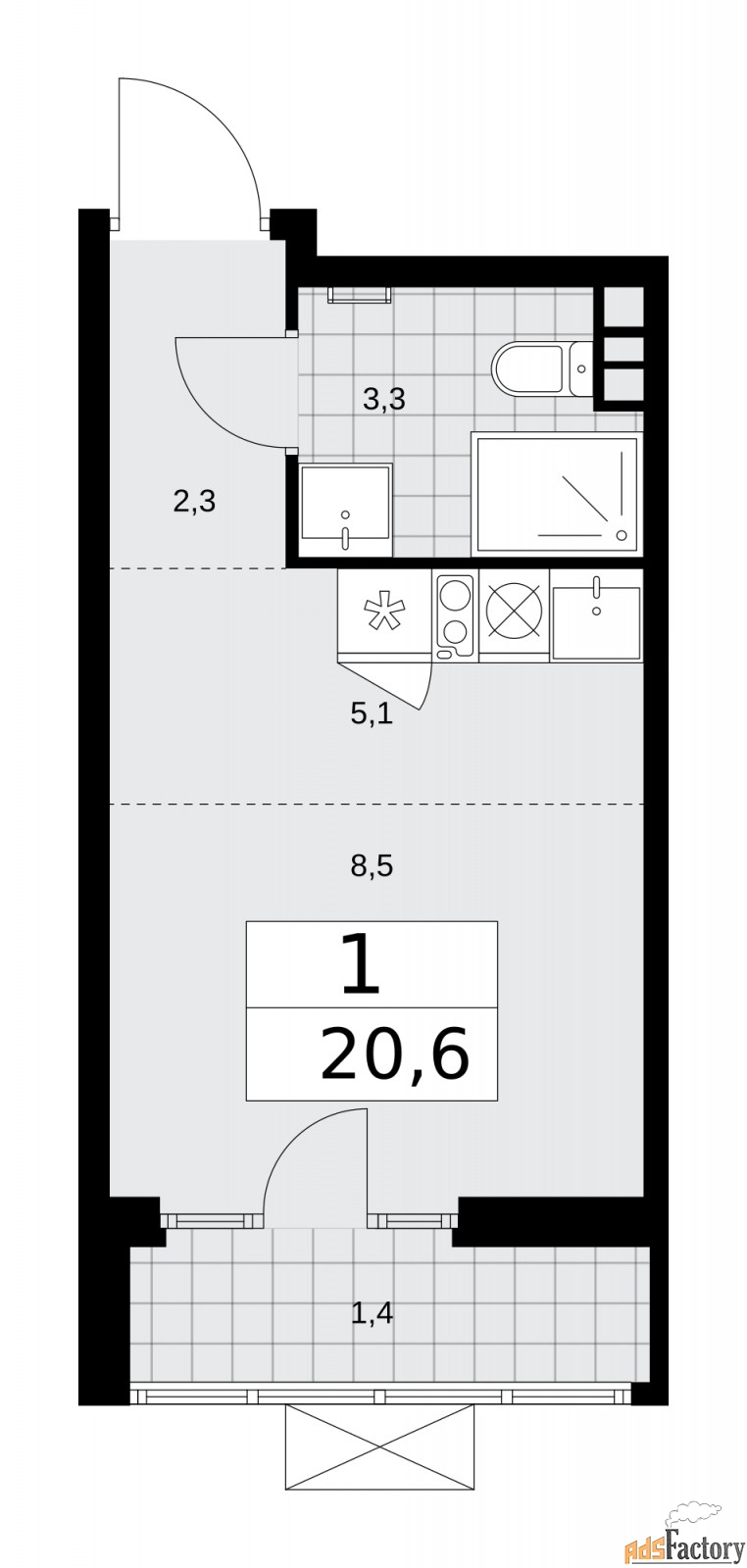 1 - комн.  квартира, 20.6 м², 6/15 эт.
