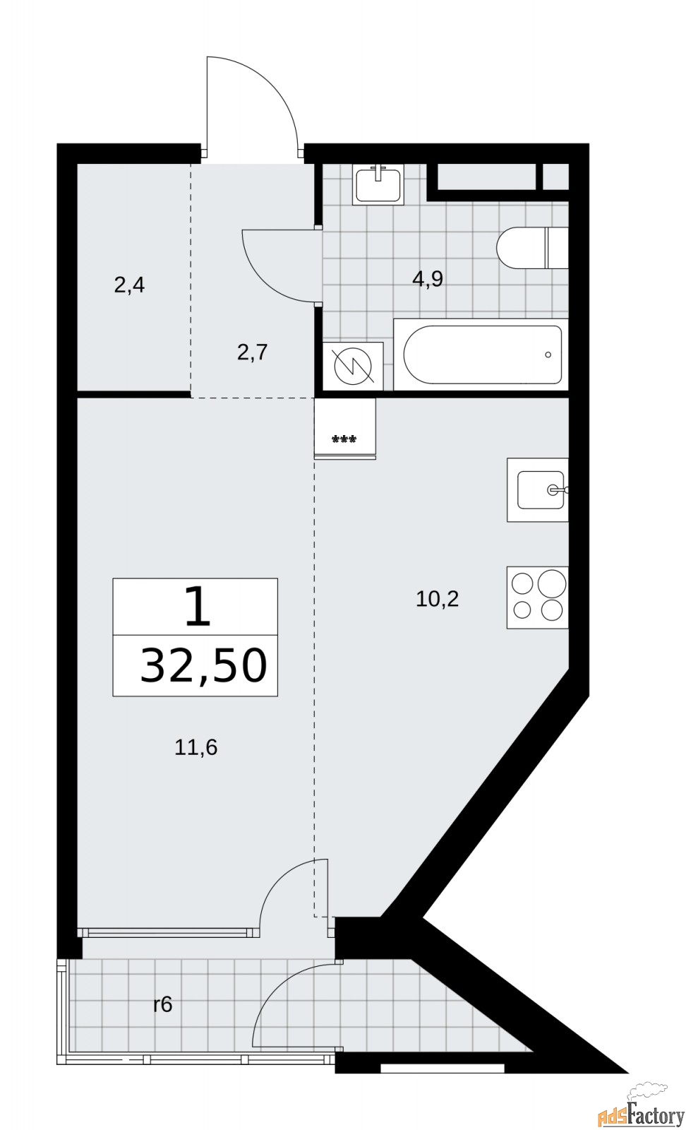 1 - комн.  квартира, 32.5 м², 5/16 эт.