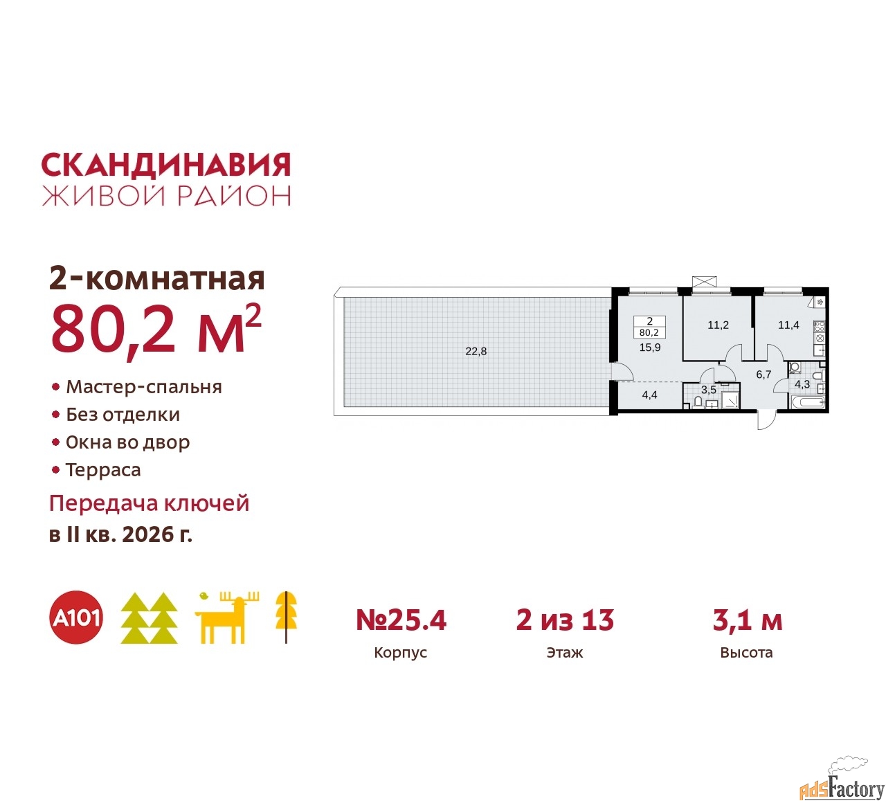 2 - комн.  квартира, 80.2 м², 2/13 эт.