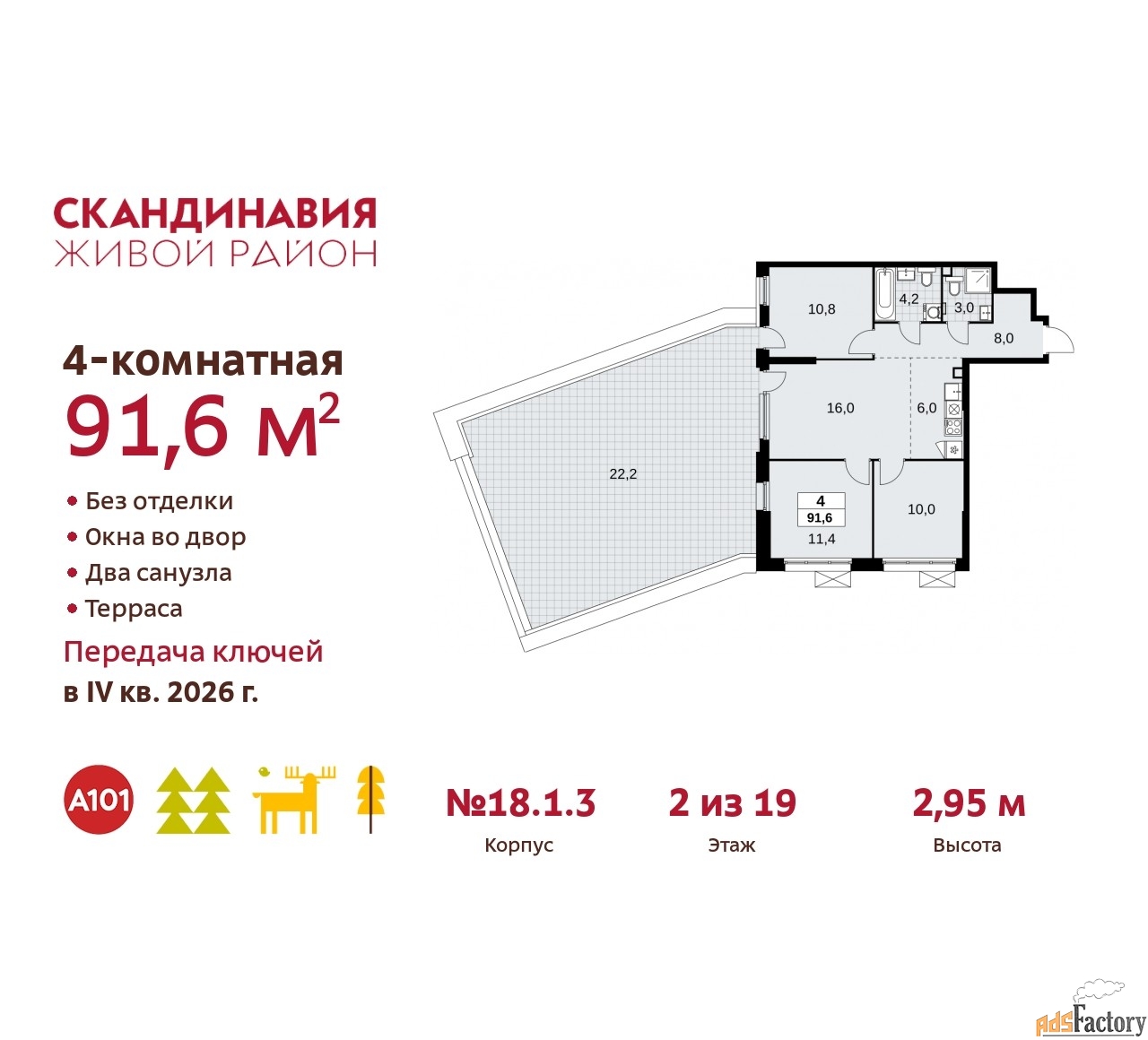 4 - комн.  квартира, 91.6 м², 2/19 эт.