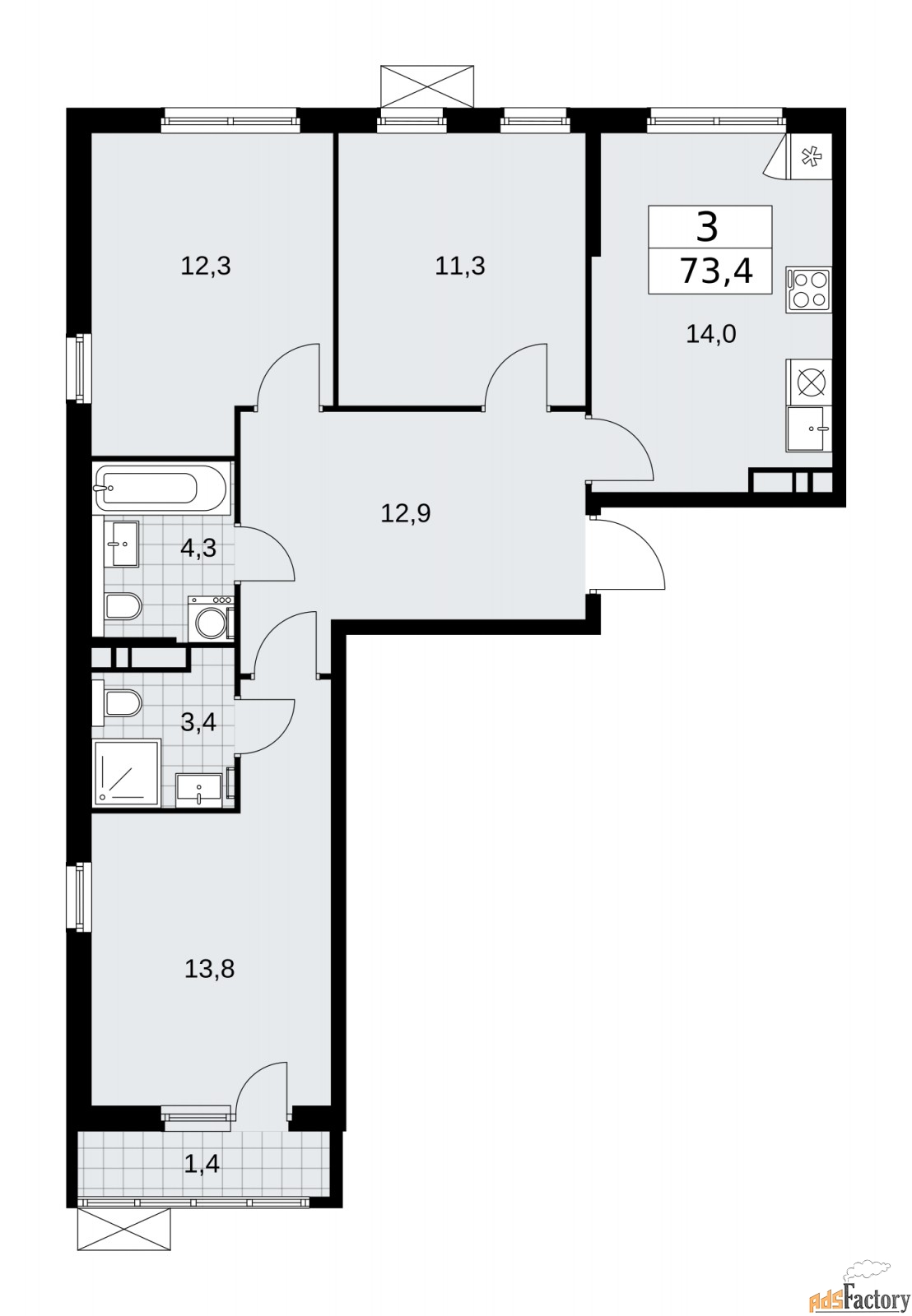 3 - комн.  квартира, 73.4 м², 7/16 эт.