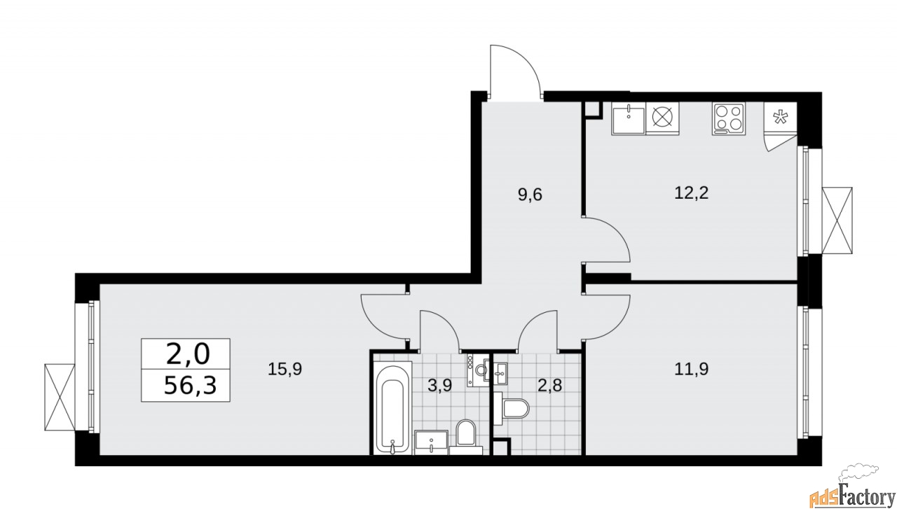 2 - комн.  квартира, 56.3 м², 2/12 эт.