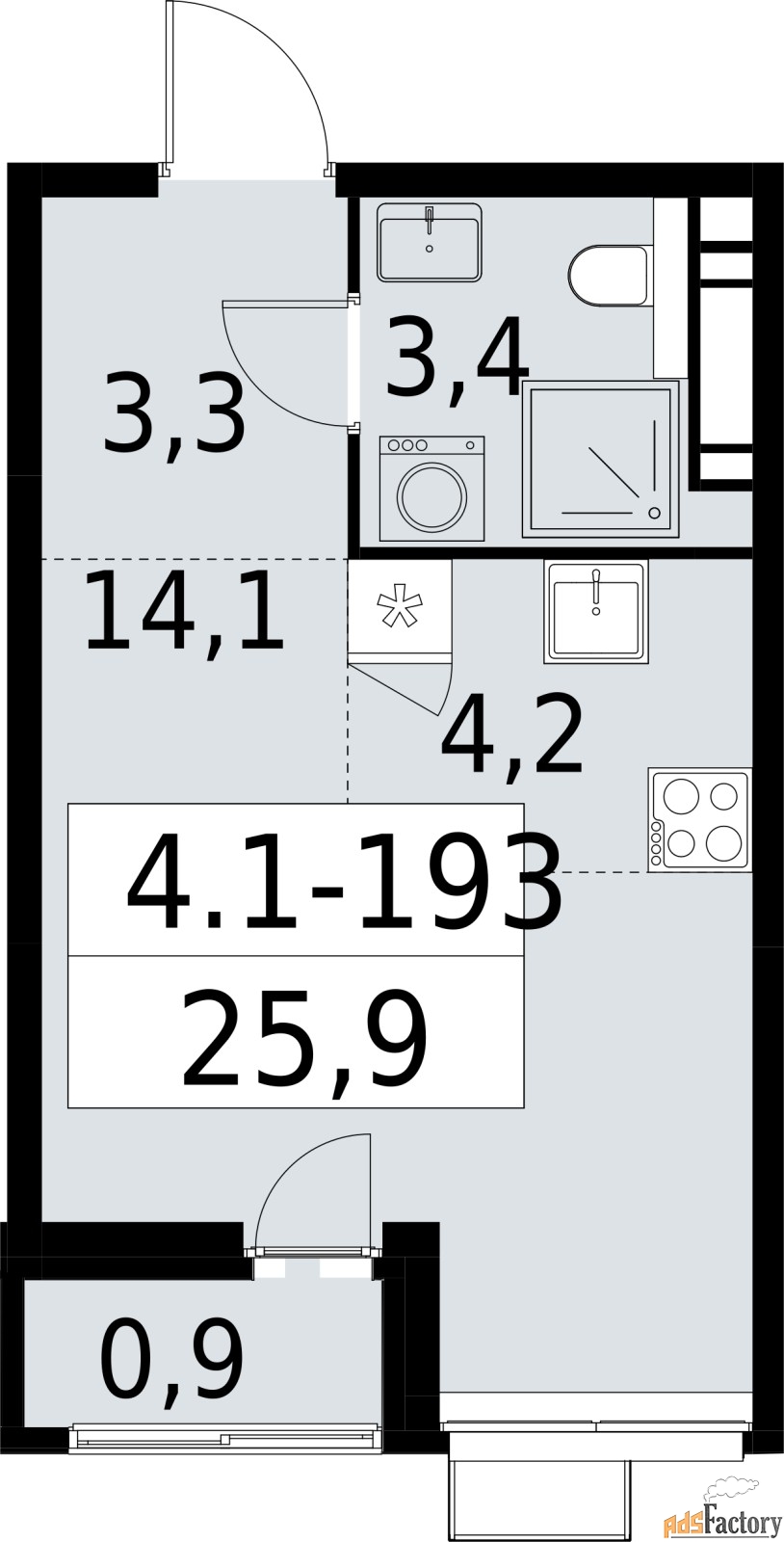 1 - комн.  квартира, 25.9 м², 4/11 эт.
