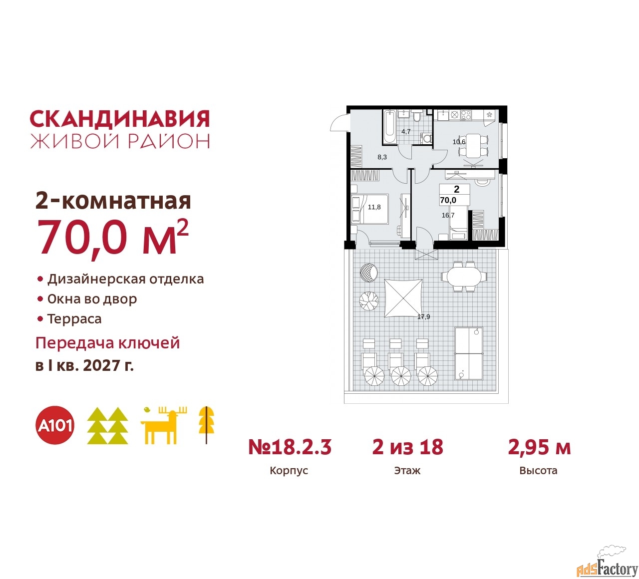 2 - комн. квартира, 70 м², 2/18 эт.