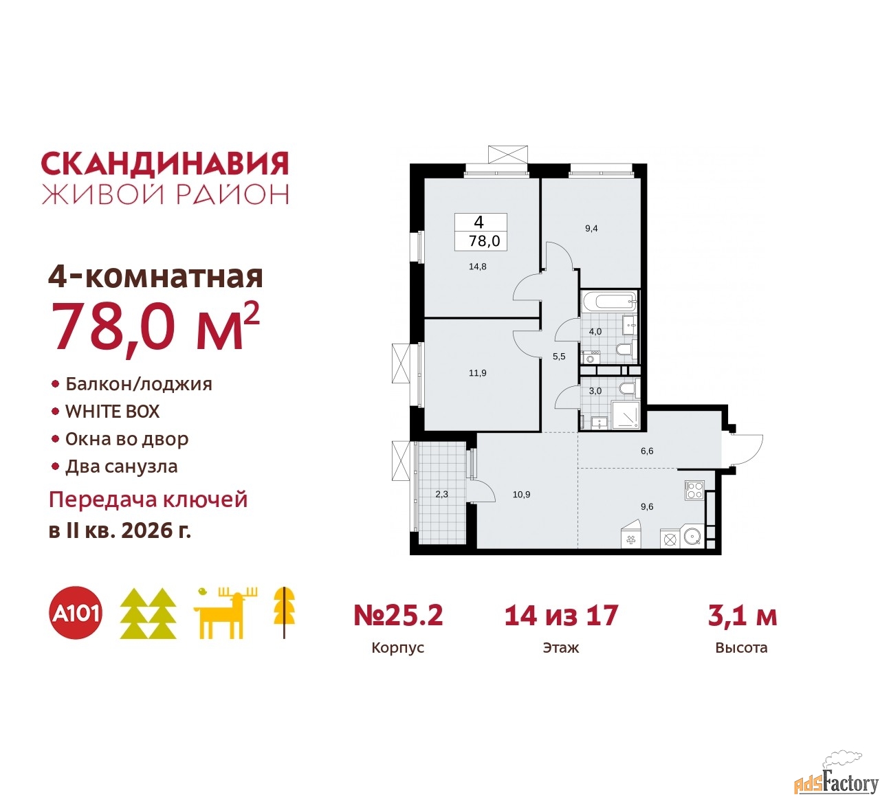 4 - комн. квартира, 78 м², 14/17 эт.