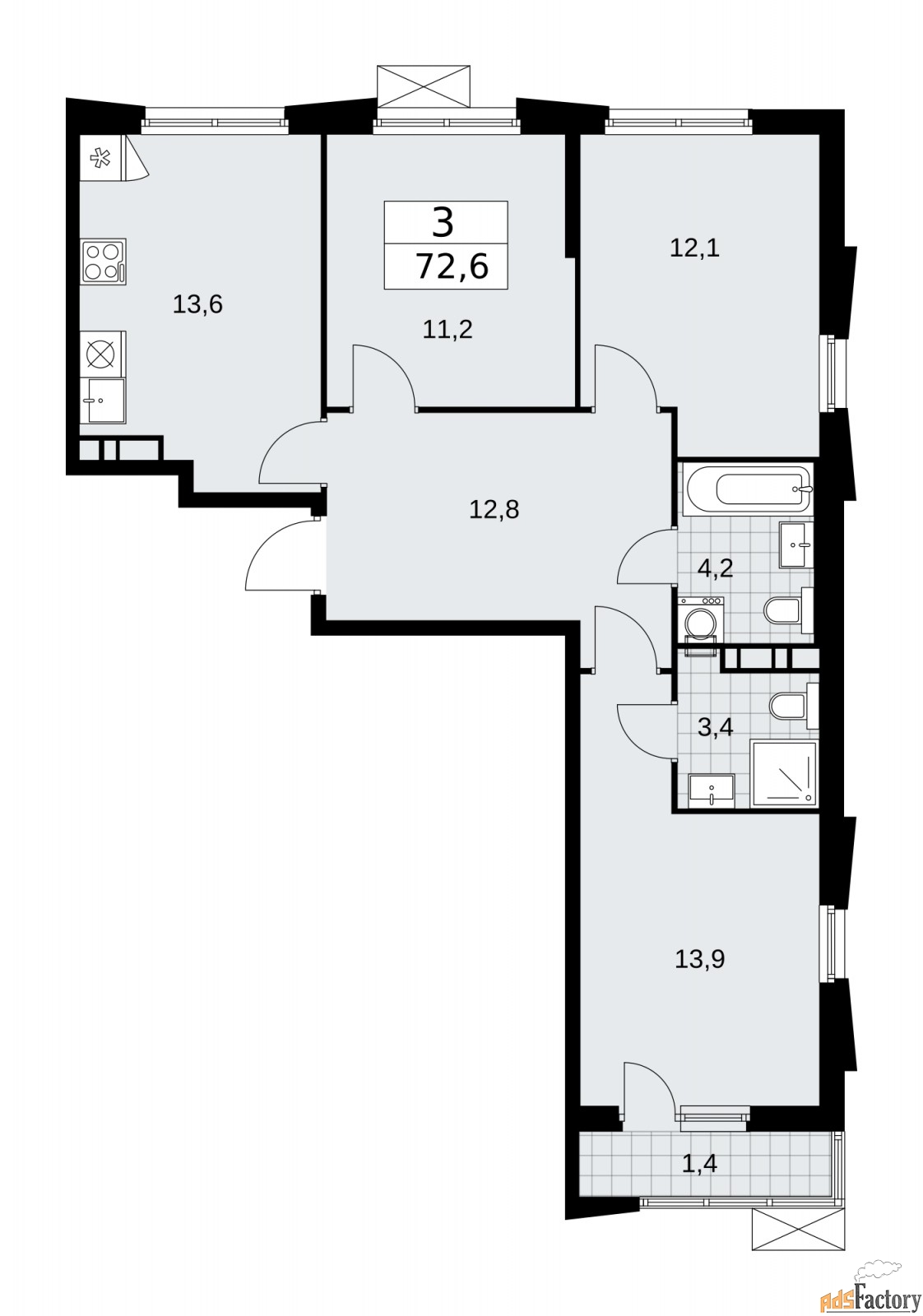 3 - комн.  квартира, 72.6 м², 9/19 эт.