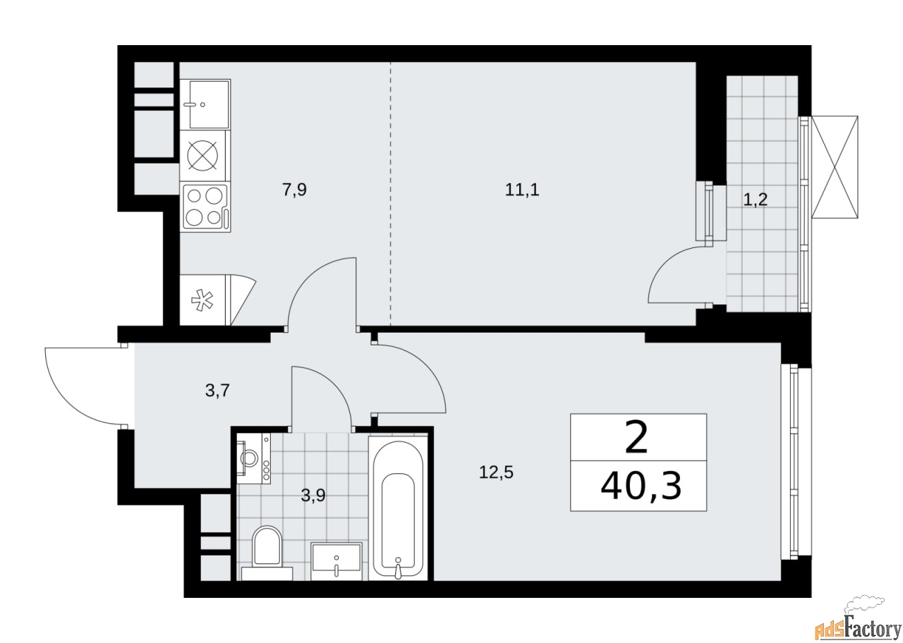 2 - комн.  квартира, 40.3 м², 9/18 эт.