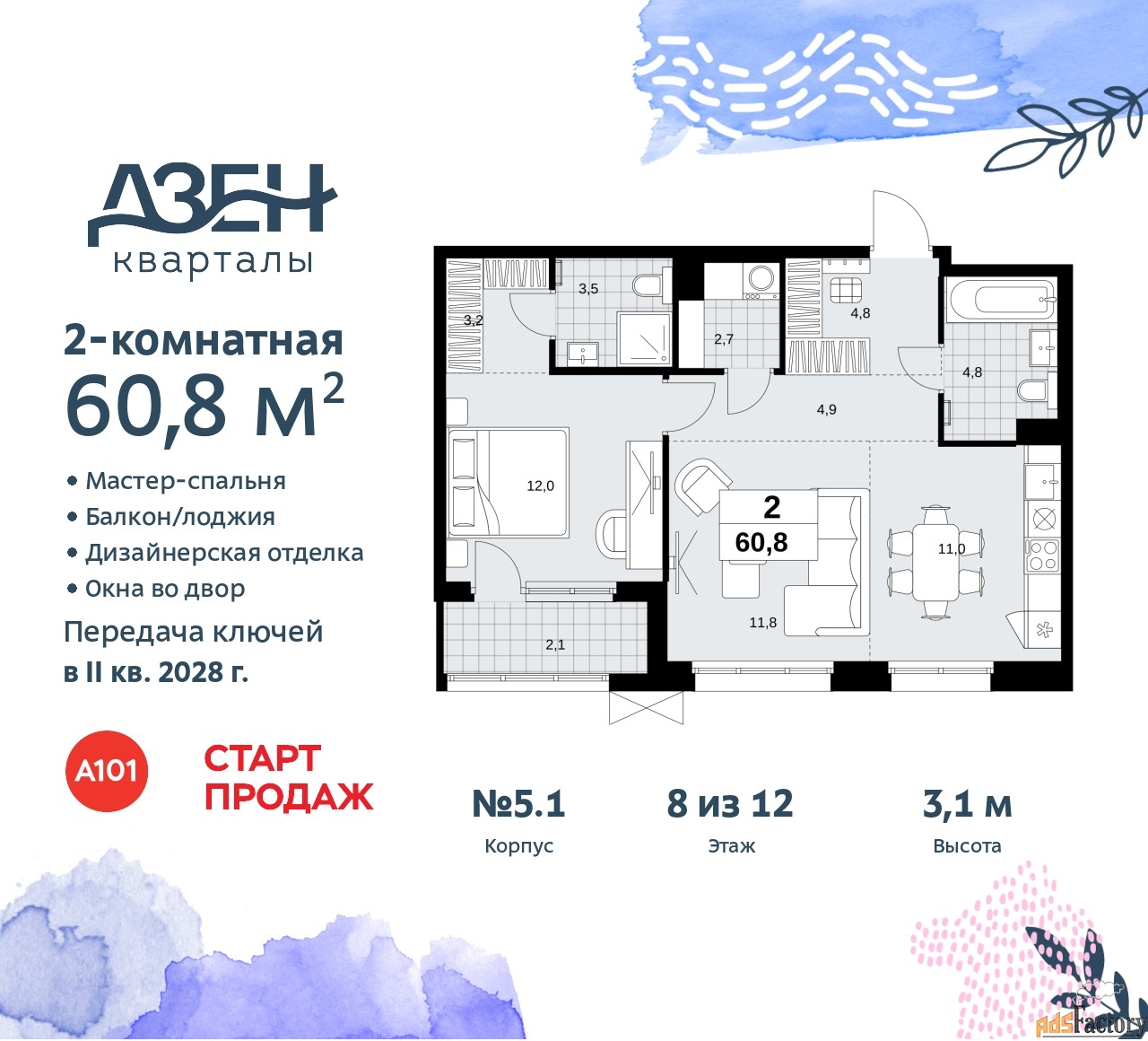 2 - комн.  квартира, 60.8 м², 8/8 эт.