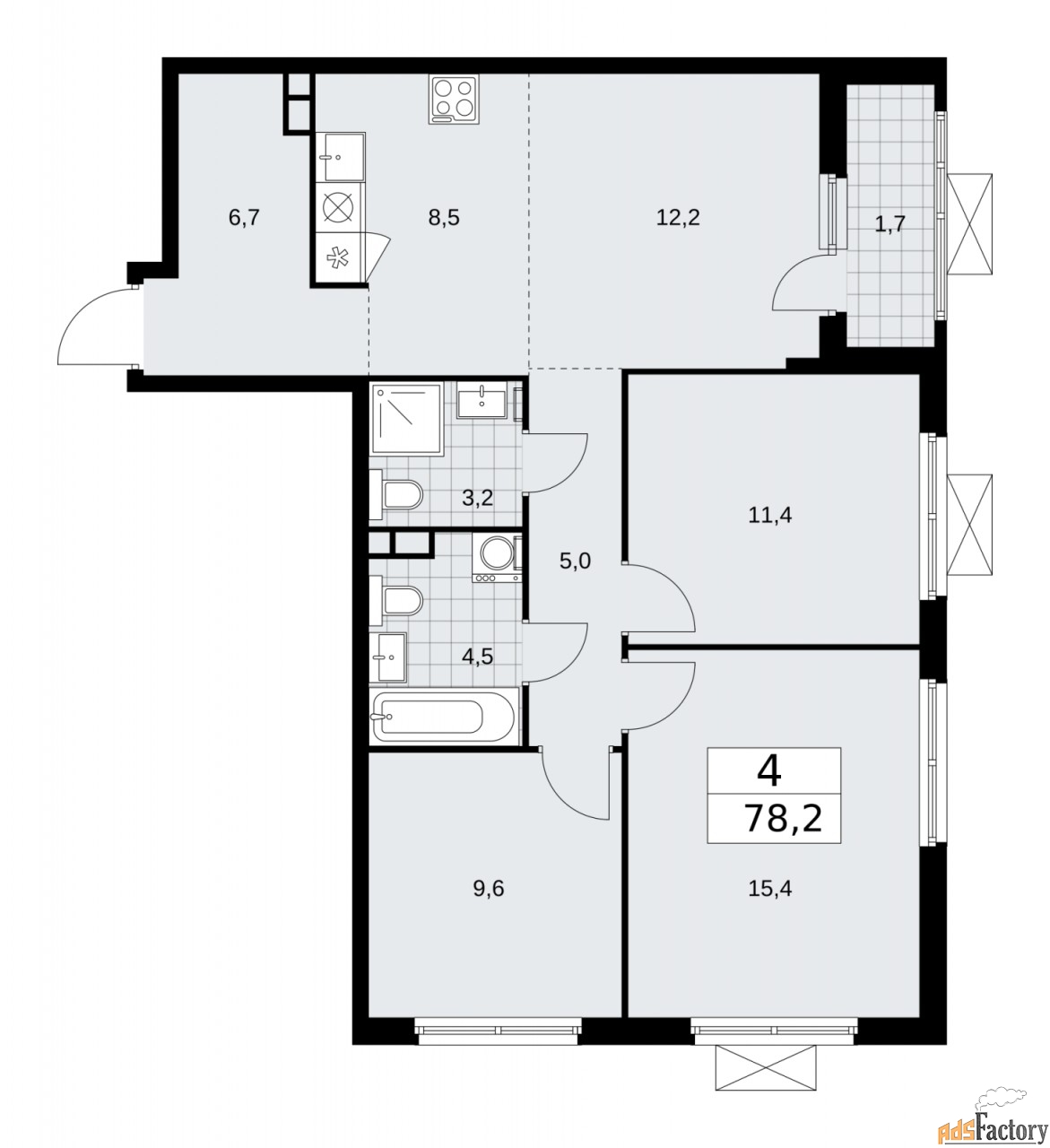 4 - комн.  квартира, 78.2 м², 3/17 эт.