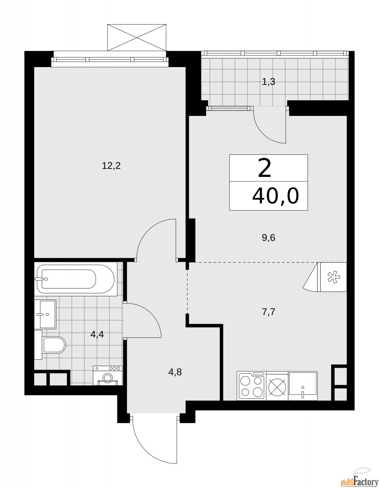 2 - комн.  квартира, 40 м², 6/12 эт.