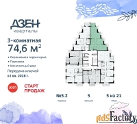 3 - комн.  квартира, 74.6 м², 5/21 эт.