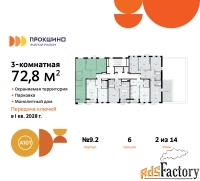 3 - комн.  квартира, 72.8 м², 2/10 эт.