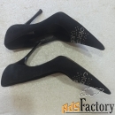 Туфли женские на каблуке чёрные кожаные замшевые  со стразами, Италия