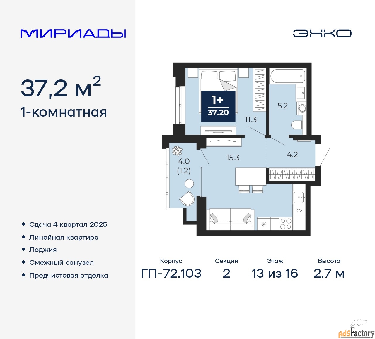 1 - комн. квартира, 37.2 м², 13/16 эт.