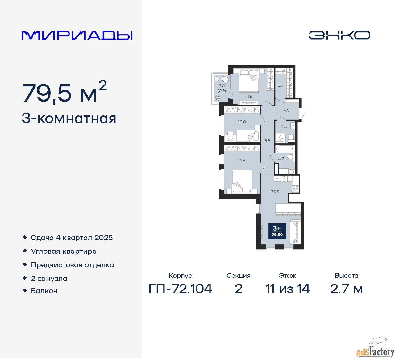 3 - комн. квартира, 79.5 м², 11/14 эт.