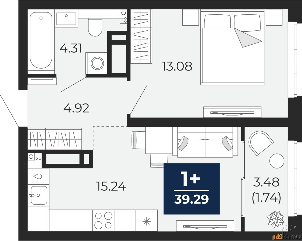 1 - комн. квартира, 39.29 м², 18/22 эт.