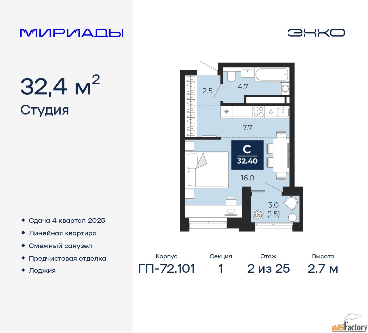 1 - комн. квартира, 32.4 м², 2/25 эт.