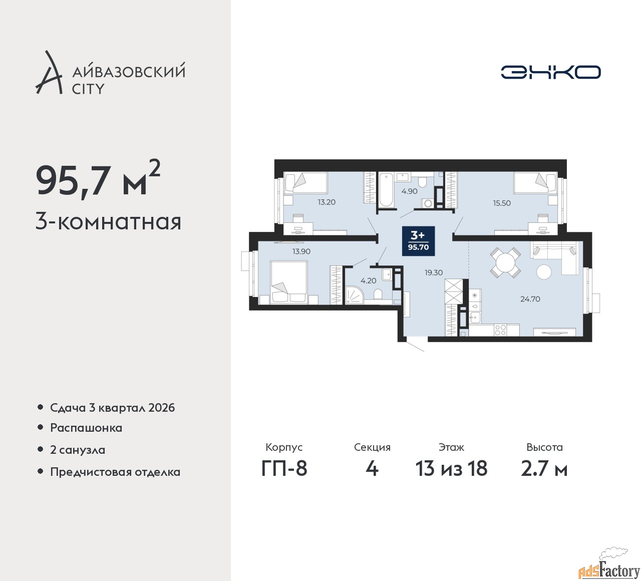 3 - комн. квартира, 95.7 м², 13/18 эт.
