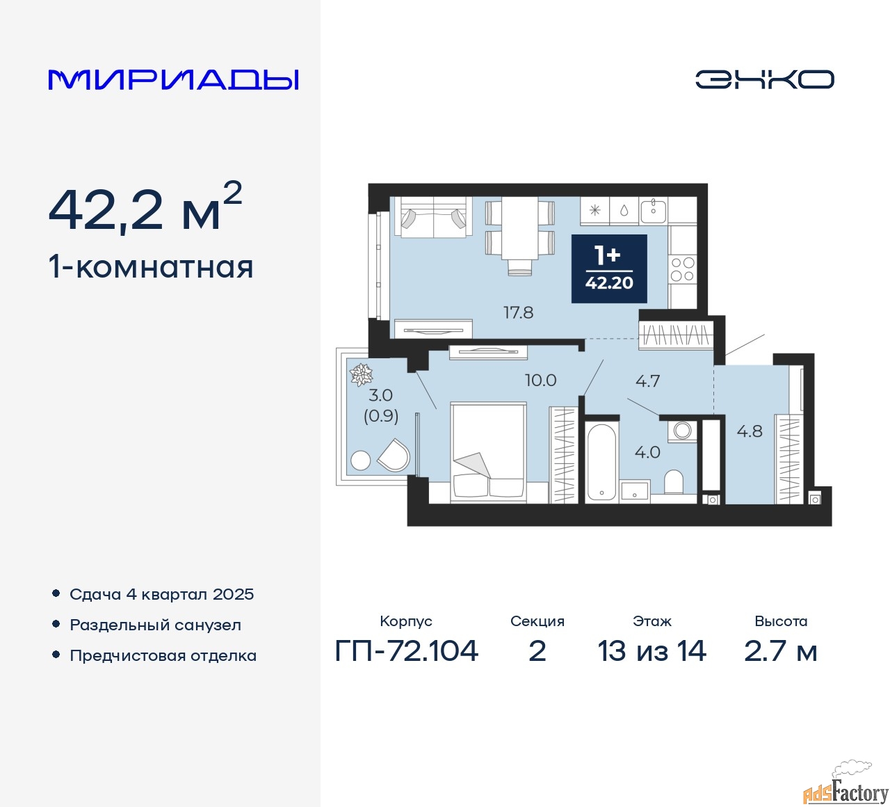 1 - комн. квартира, 42.2 м², 13/14 эт.