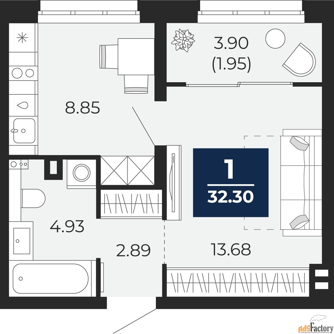 1 - комн. квартира, 32.3 м², 2/16 эт.