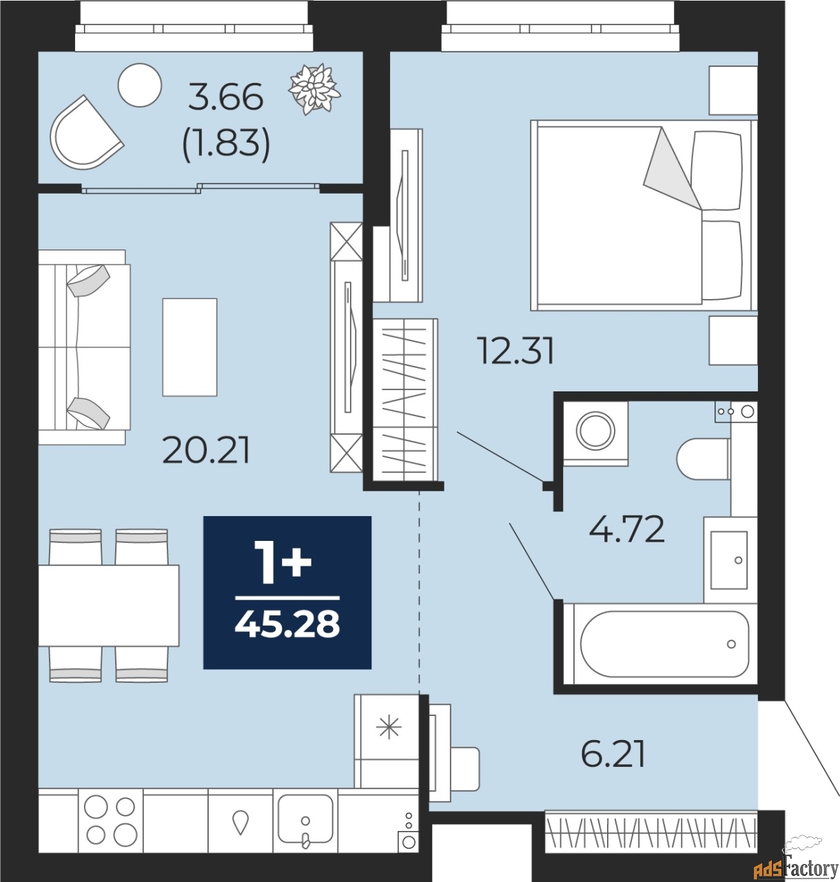 1 - комн. квартира, 45.28 м², 2/12 эт.