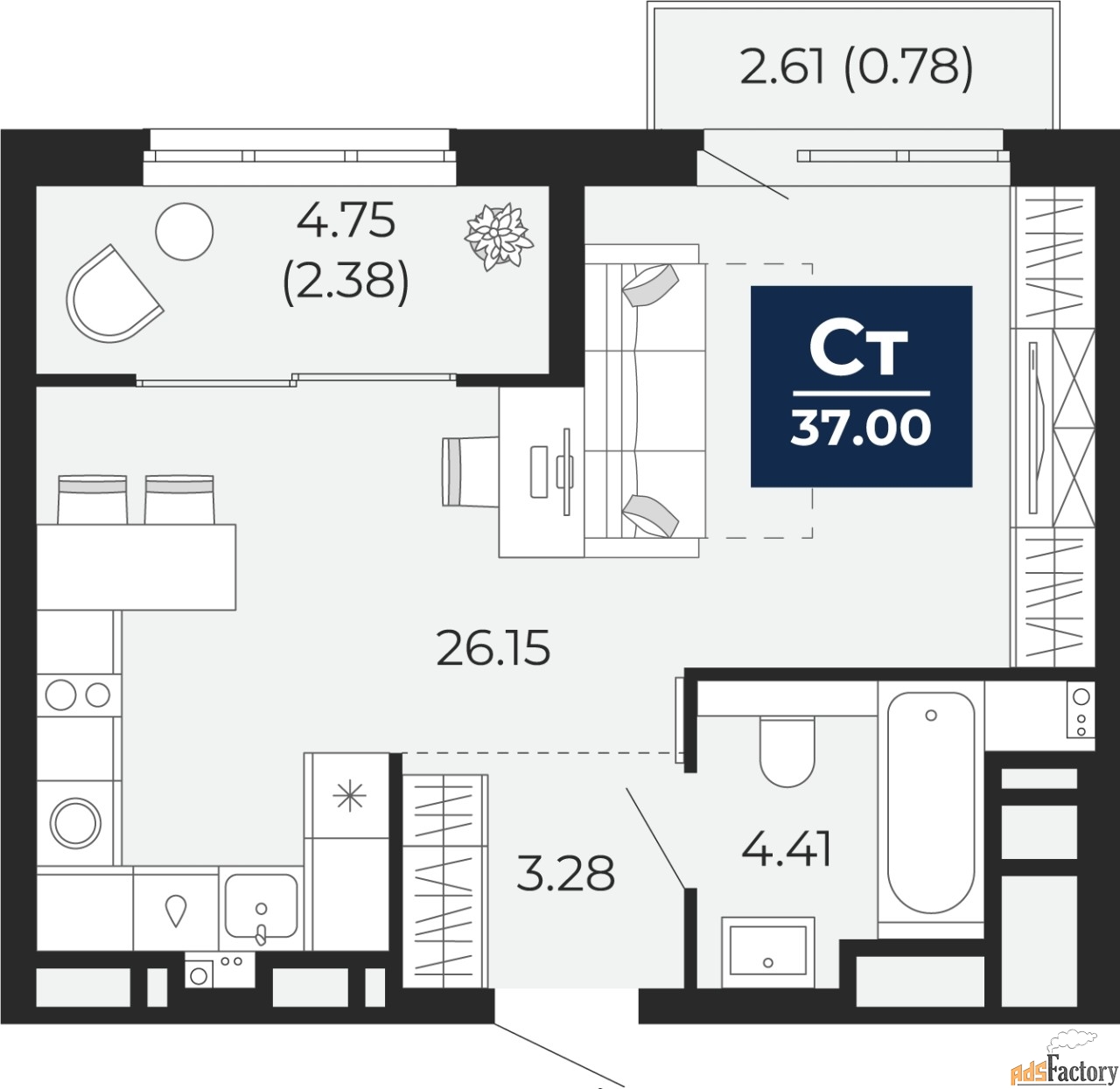 1 - комн. квартира, 37 м², 14/14 эт.
