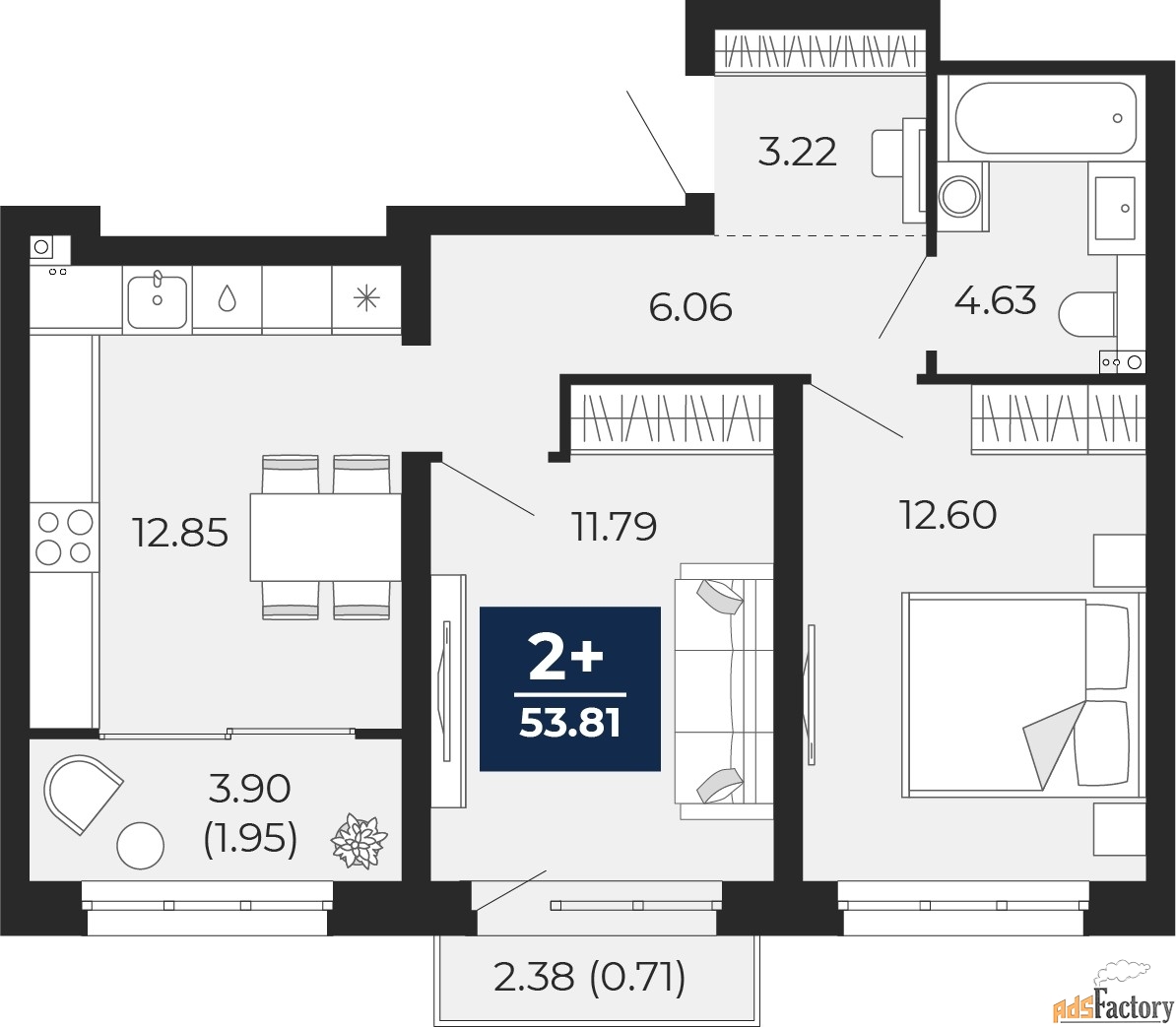 2 - комн. квартира, 53.81 м², 9/9 эт.