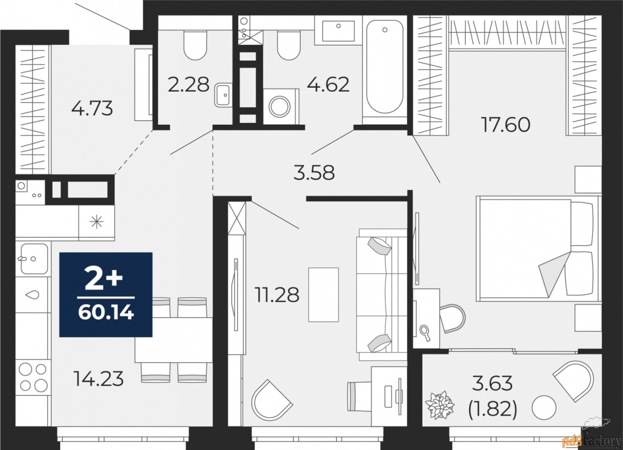 2 - комн. квартира, 60.14 м², 9/9 эт.