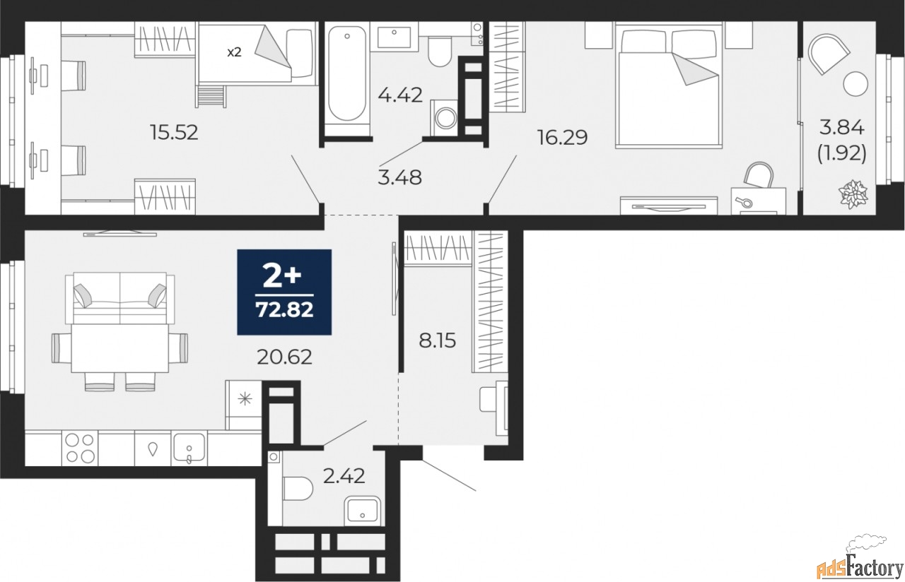 2 - комн. квартира, 72.82 м², 5/21 эт.