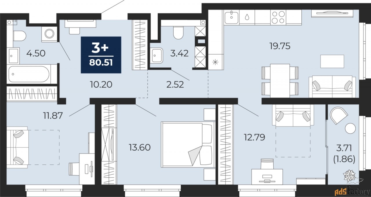 3 - комн. квартира, 80.51 м², 2/21 эт.