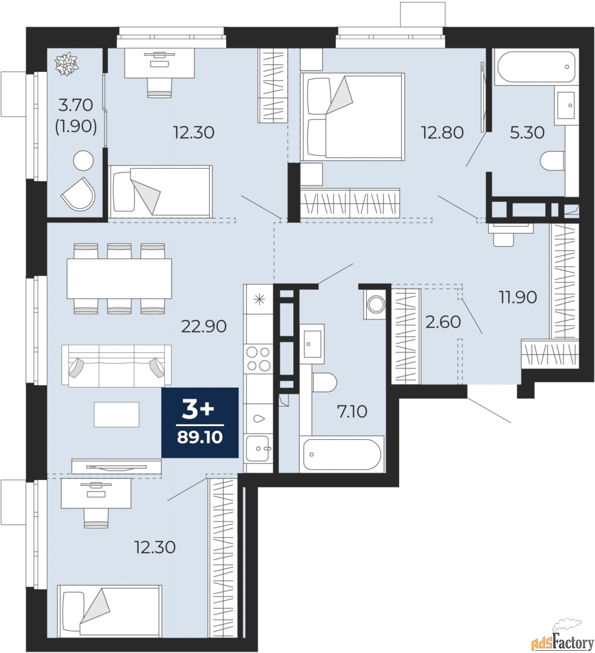 3 - комн. квартира, 89.1 м², 15/18 эт.