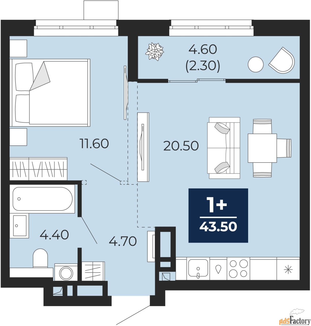 1 - комн. квартира, 43.5 м², 13/18 эт.