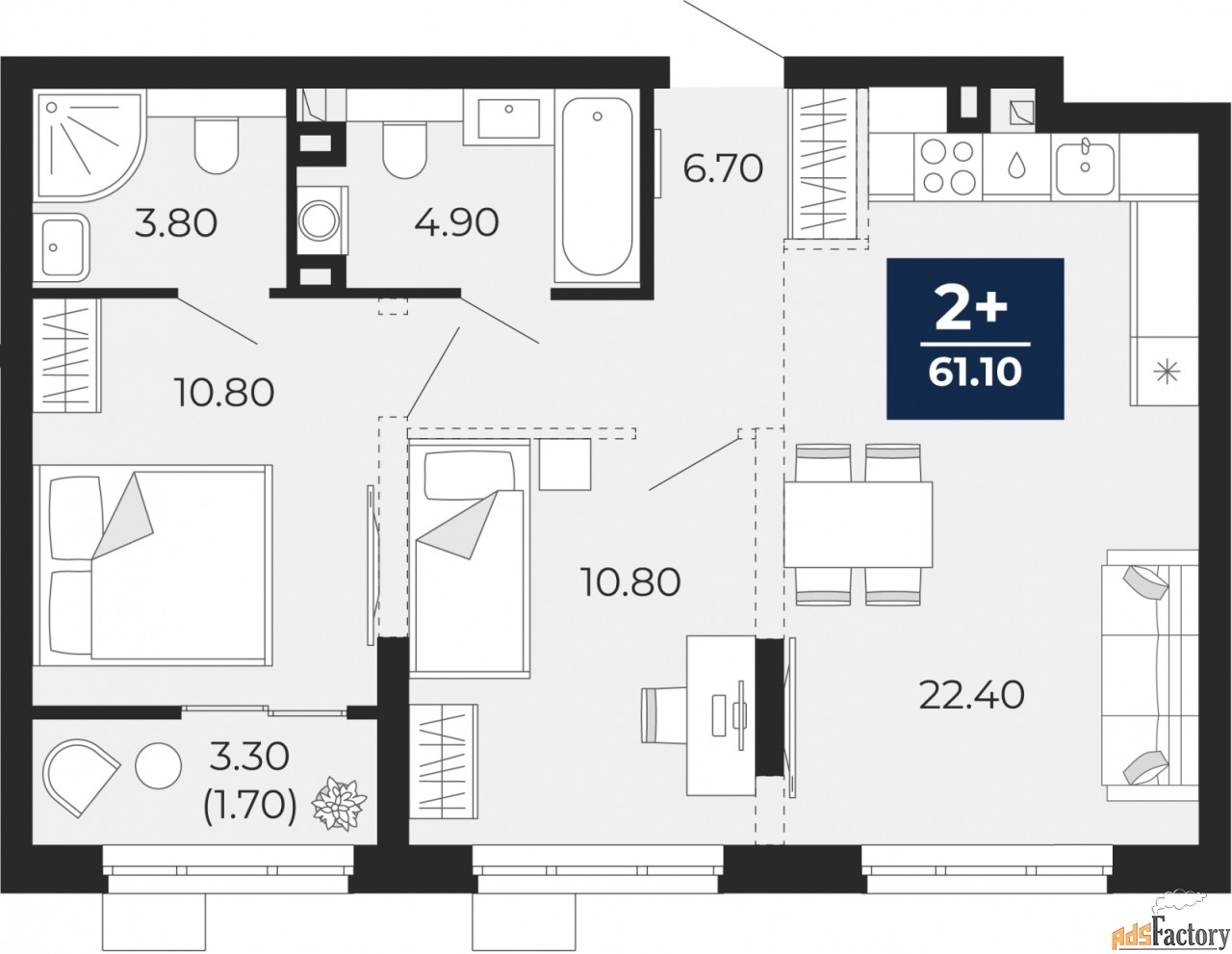 2 - комн. квартира, 61.1 м², 2/18 эт.