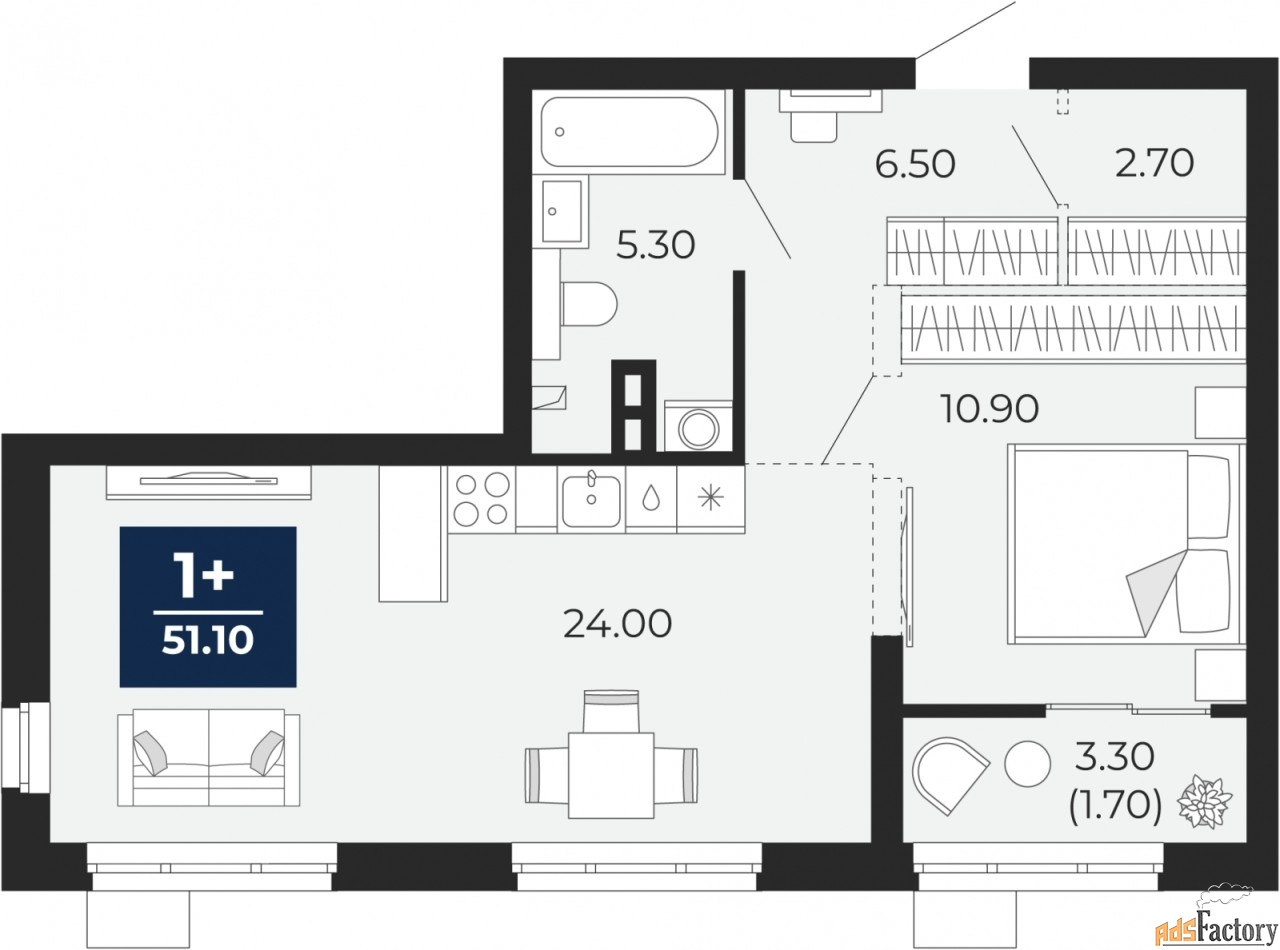 1 - комн. квартира, 51.1 м², 2/18 эт.