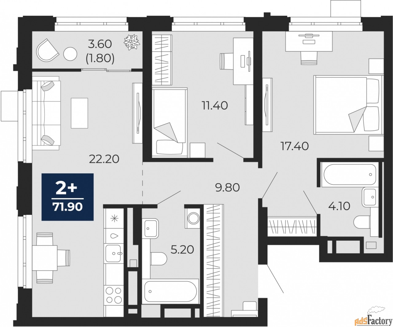 2 - комн. квартира, 71.9 м², 11/24 эт.