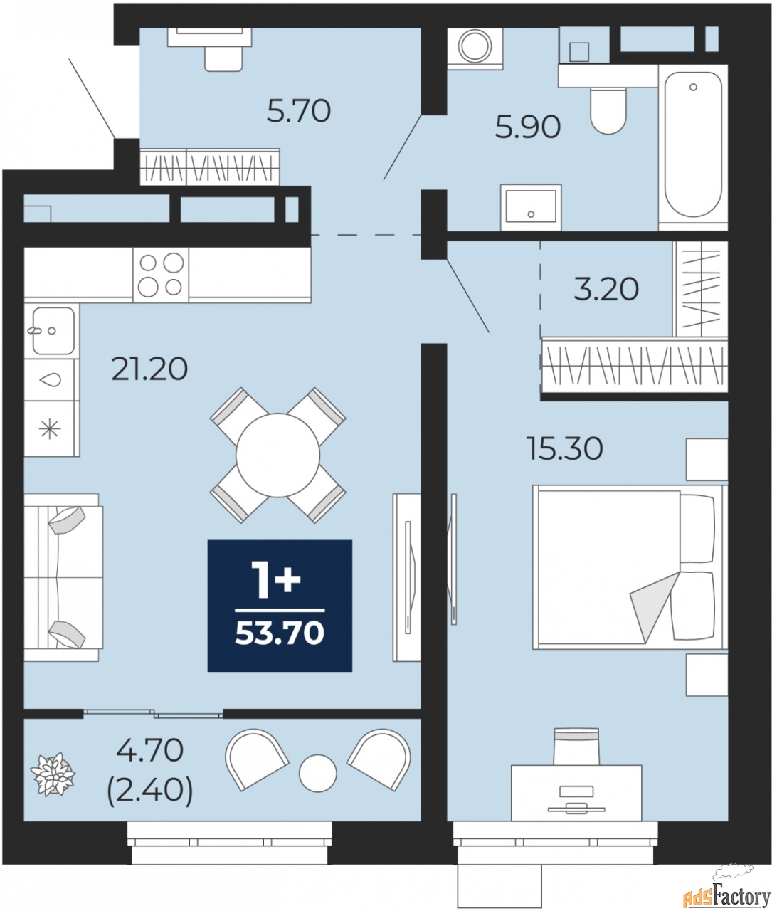 1 - комн. квартира, 53.7 м², 3/24 эт.