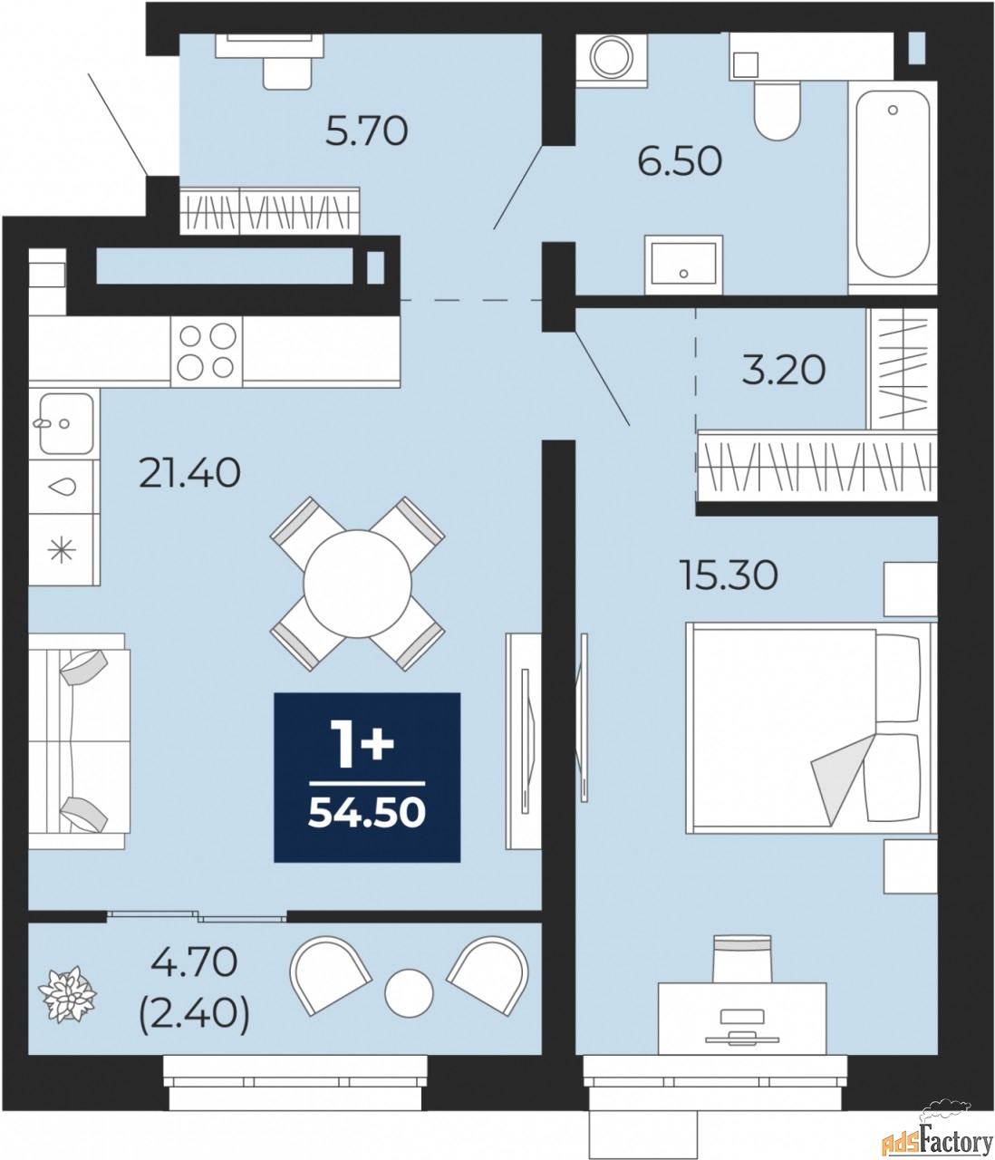 1 - комн. квартира, 54.5 м², 2/24 эт.