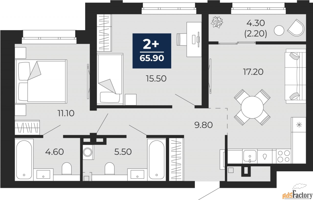 2 - комн. квартира, 65.9 м², 2/24 эт.