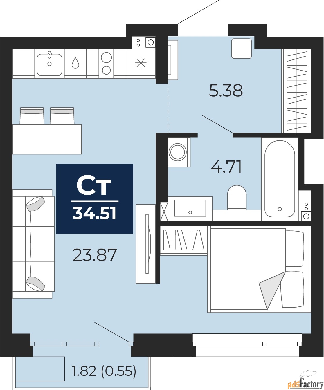 1 - комн. квартира, 34.51 м², 10/14 эт.